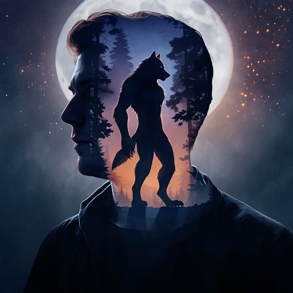 Werewolf Silhouette in Ethereal Forest: Watercolor Painting