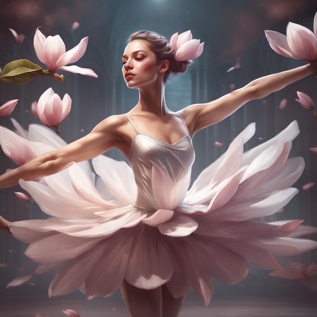 Ballerina Dancing with Magnolia Flowers, Digital Art