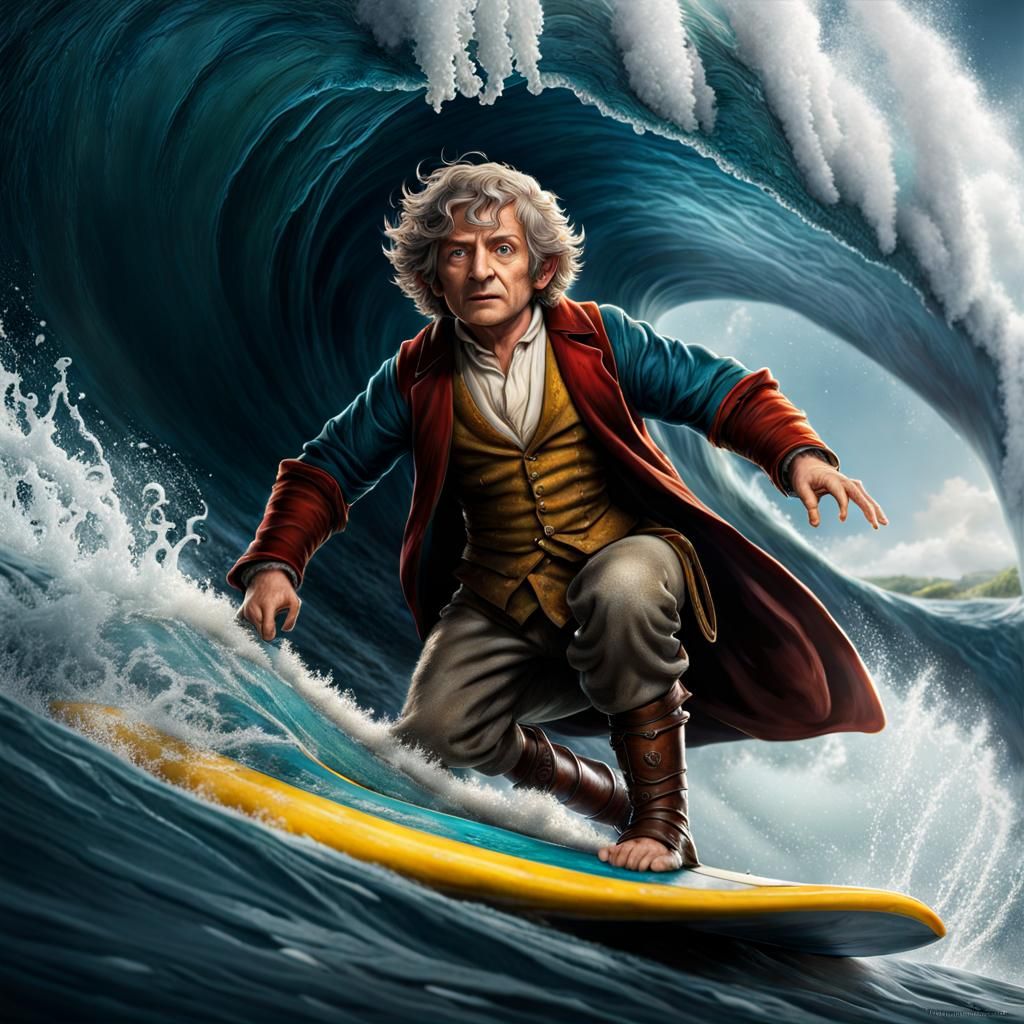 Bilbo Baggins Surfing a Wave: Hyperrealistic Art