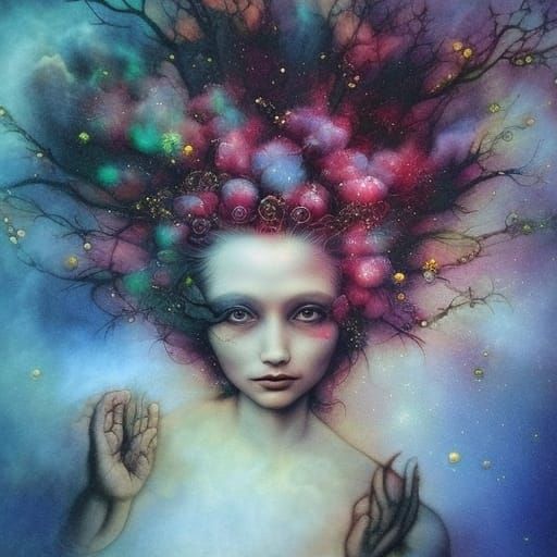 Ethereal Fairy Queen with Flowers, Stars and Nebulae