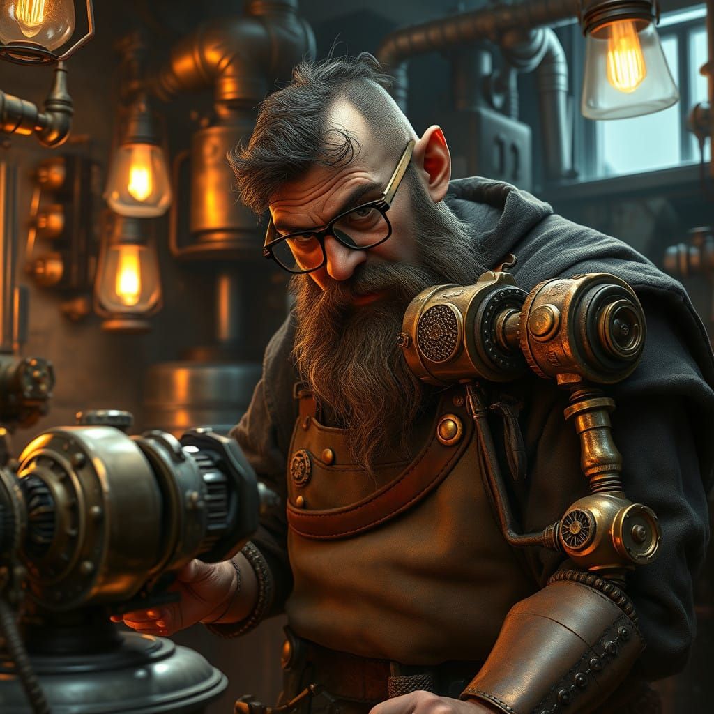 Meticulous Steampunk Engineer Crafts Majestic Copper-Plated....