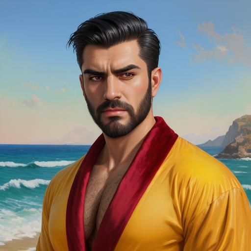 Hirsute Man in Red Bathrobe: Impressionist Oil Painting