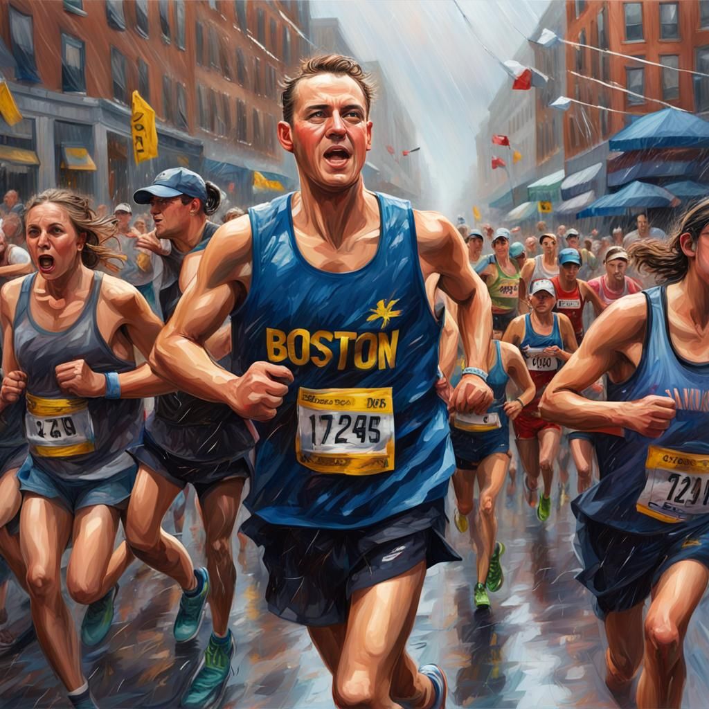 Marathon Runners Approaching Finish Line in the Rain