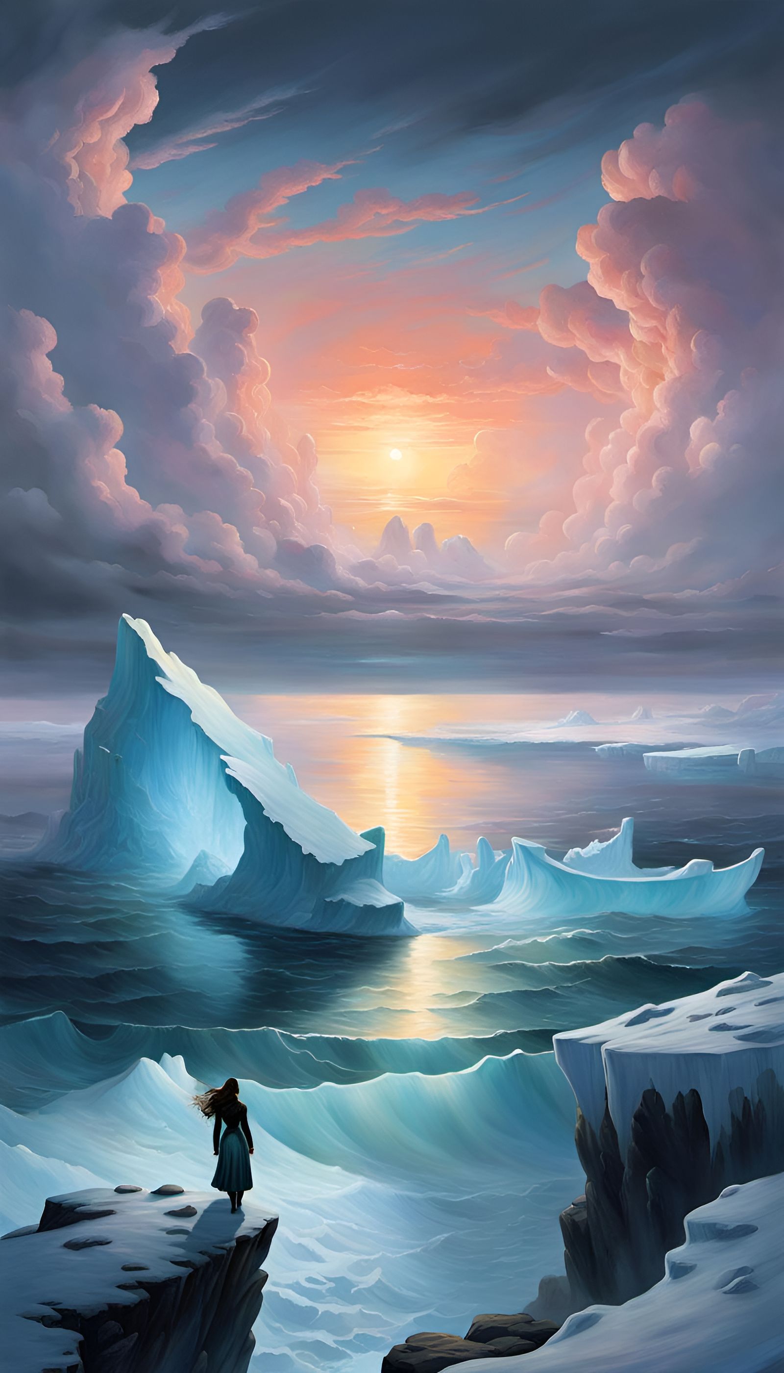 Eerie Winter Ocean Painting with Mermaid and Woman