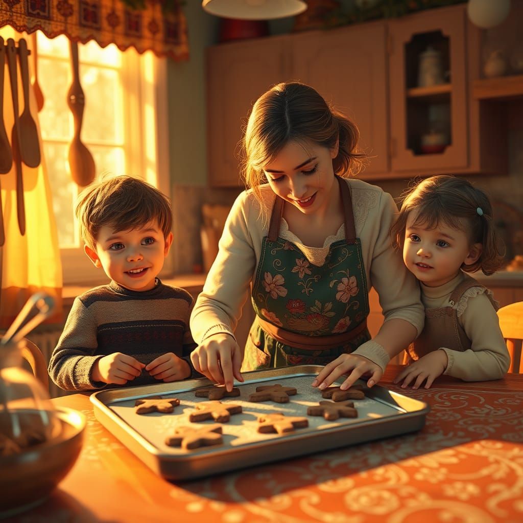 Cozy Kitchen Scene: Baking Gingerbread Cookies Together