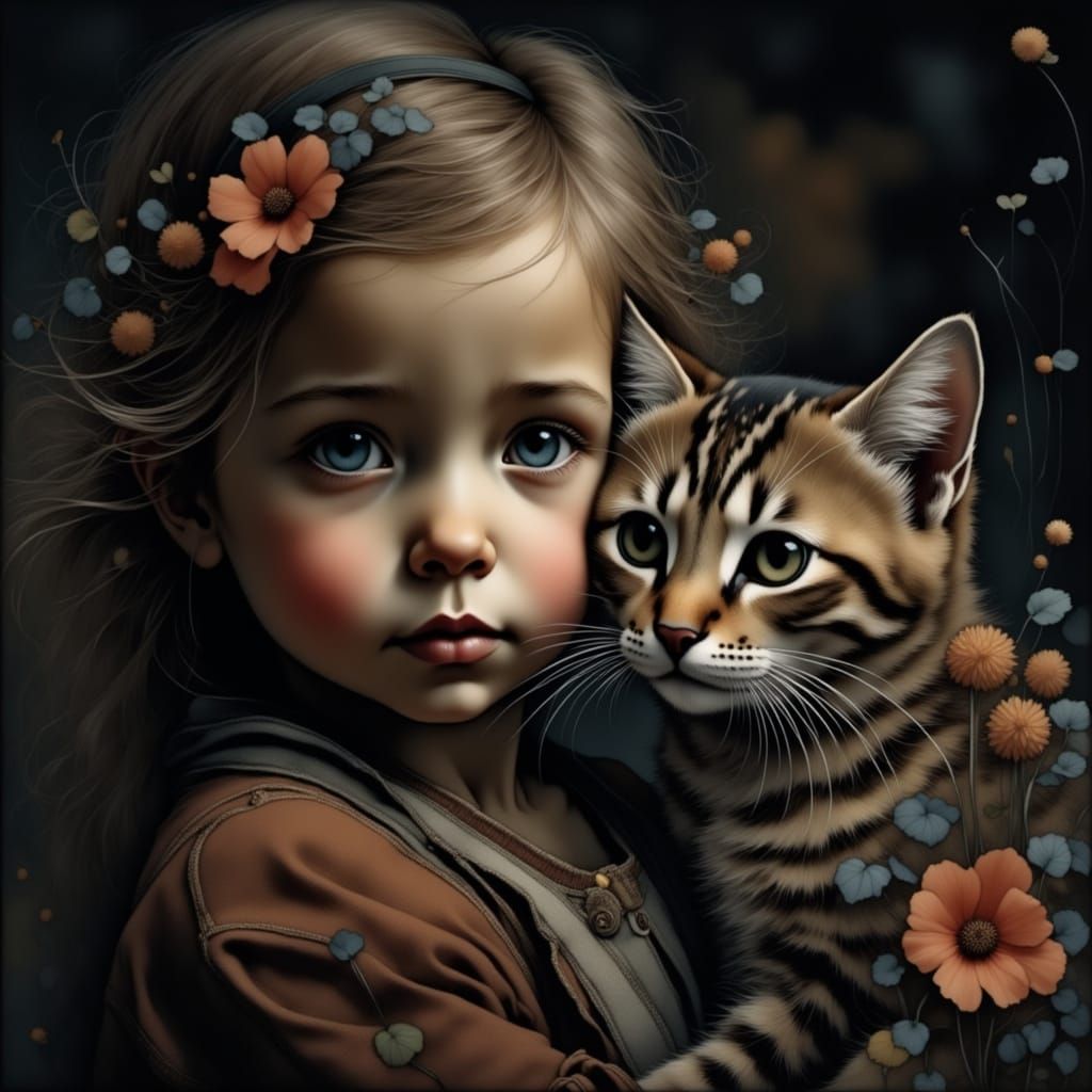 Toddler and Cat Portrait in Charcoal Style