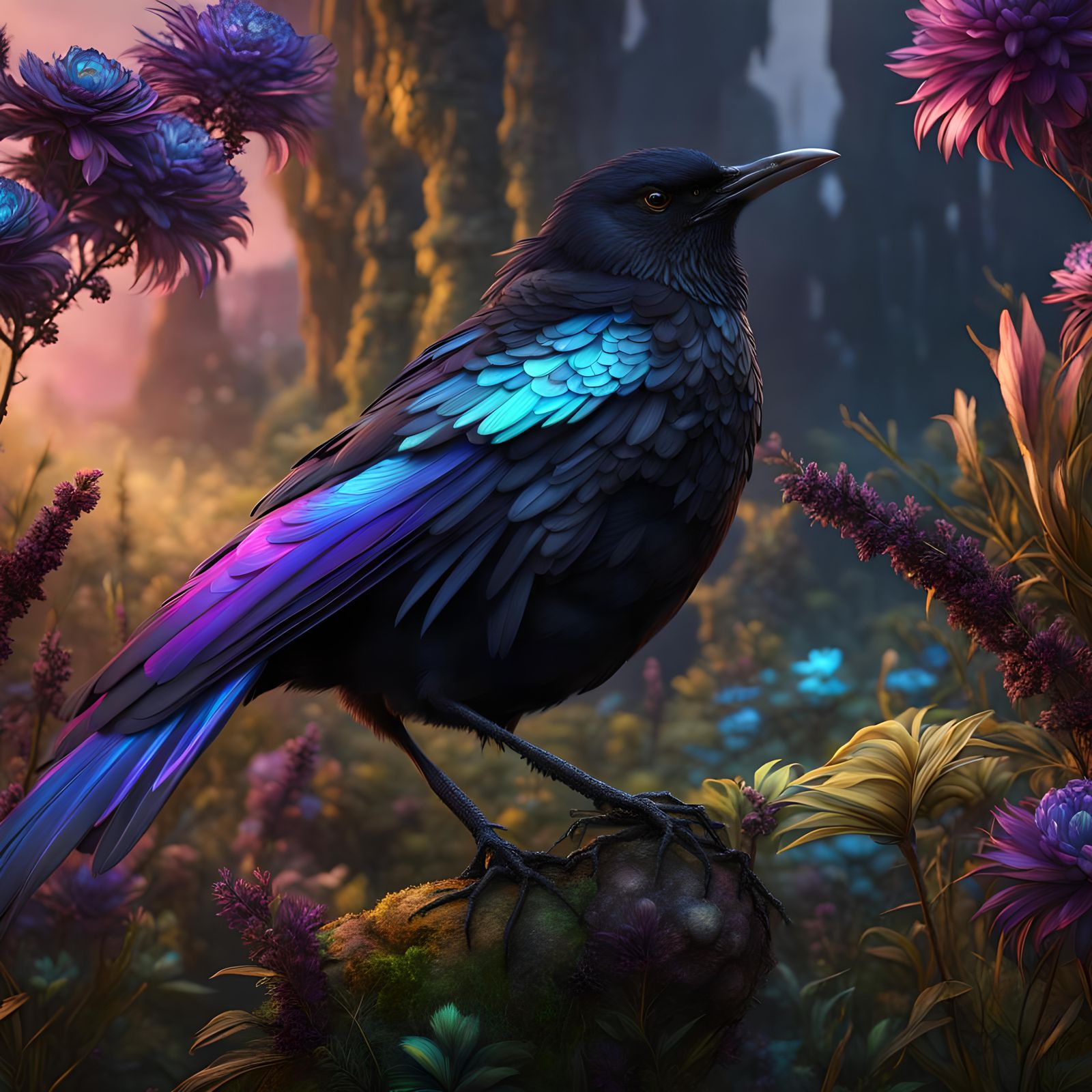 Black  bird, shimmering iridescent pearelescent feathers and...