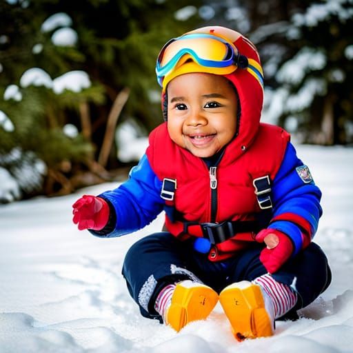 Black Baby Mountain Climber in Snowy Landscape