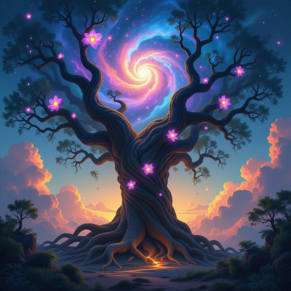 Ancient Tree Reaches Towards Cosmic Nebula Sky