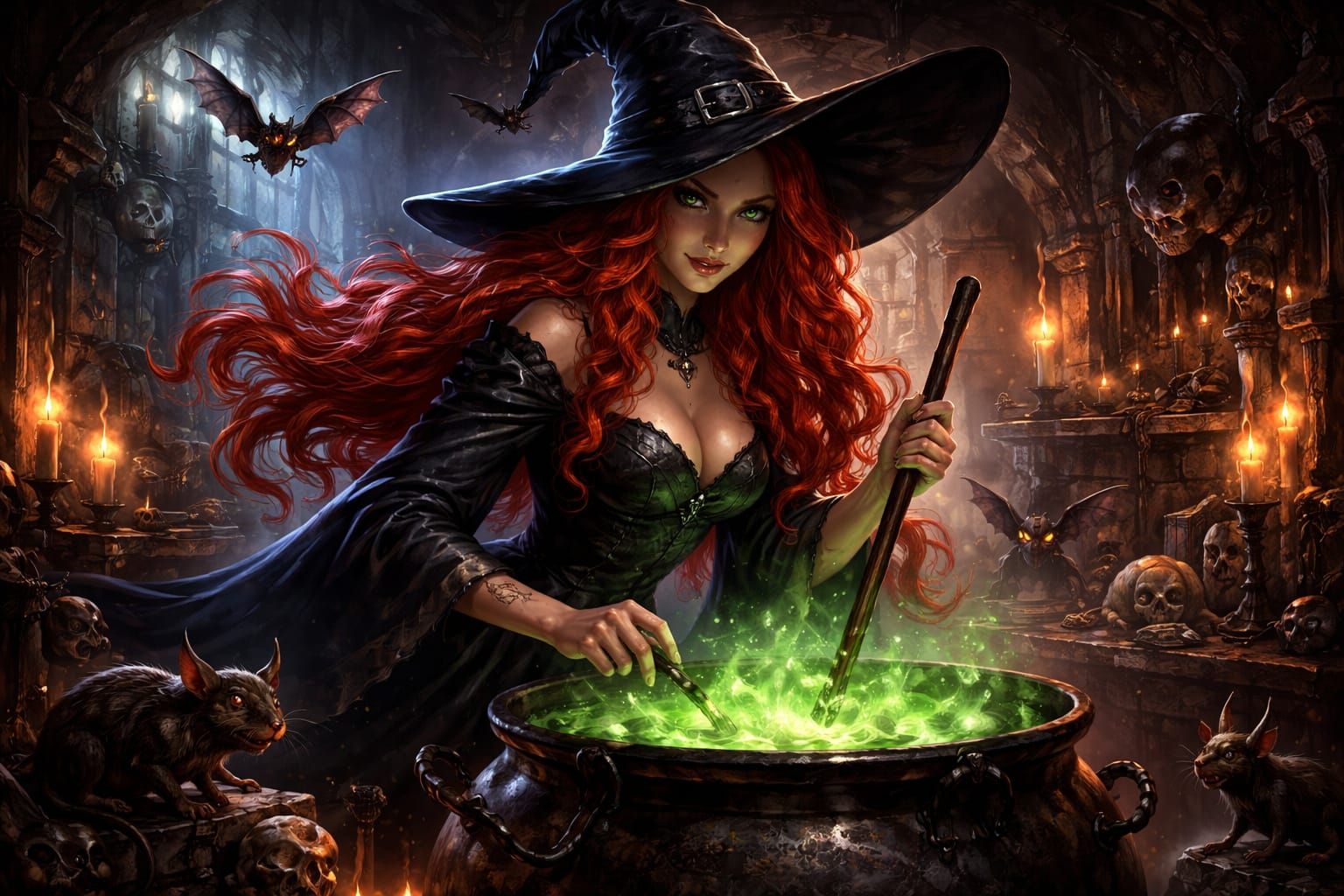 Fantasy Witch Stirring Potion in Ancient Lair