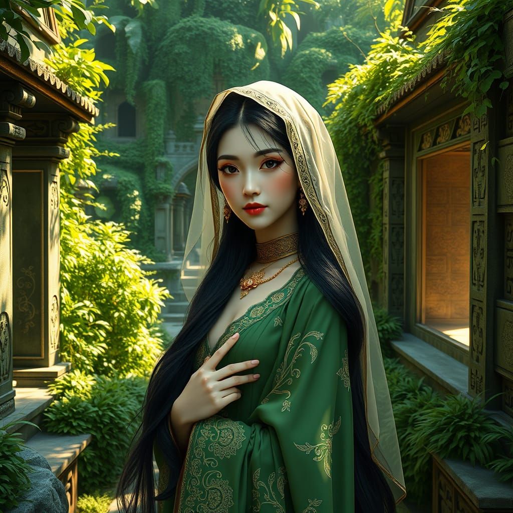 Ethereal Asian Goddess in a Mystical Garden