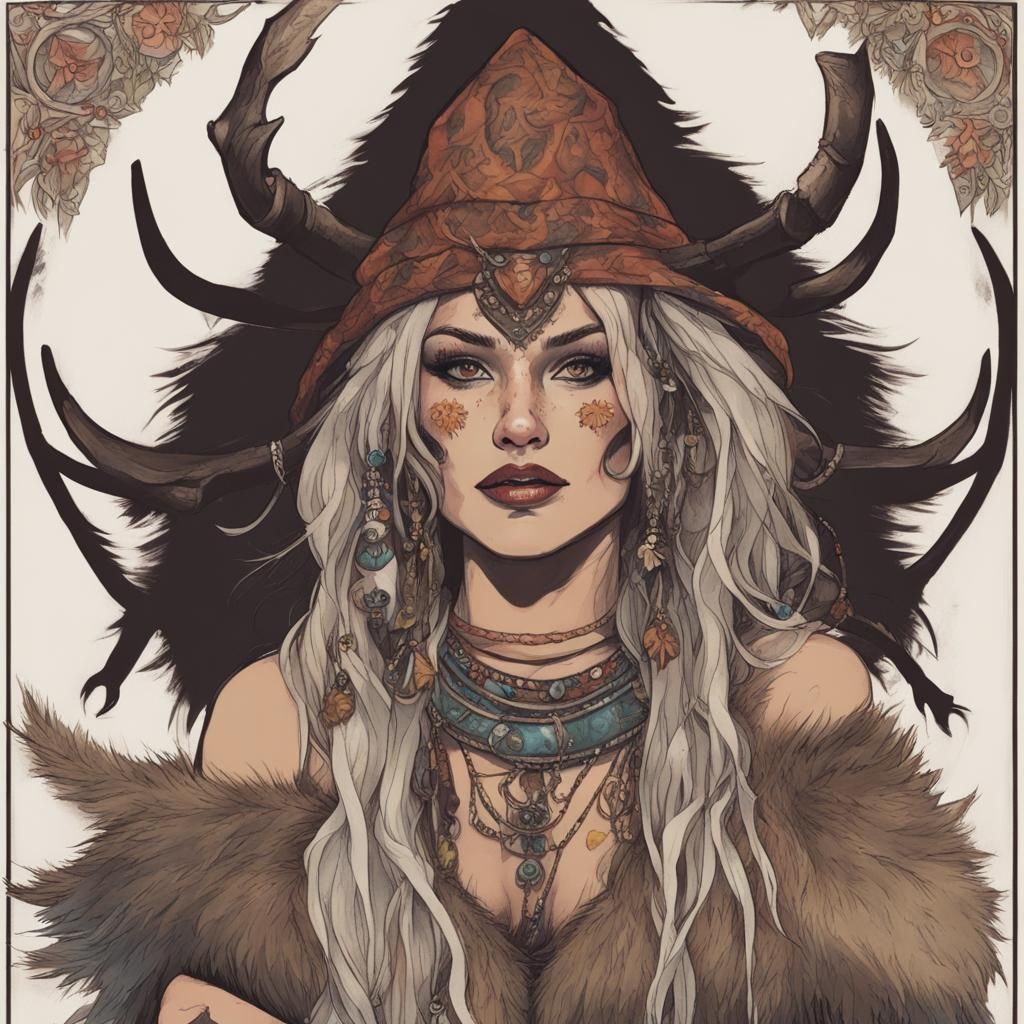 Pictish Witch with Antlered Headdress in Fantasy Art Style