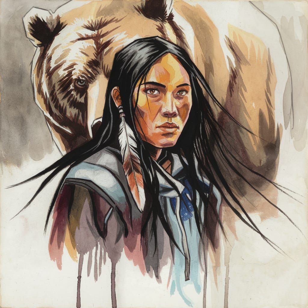 Cherokee Woman with Bear: Abstract Watercolour