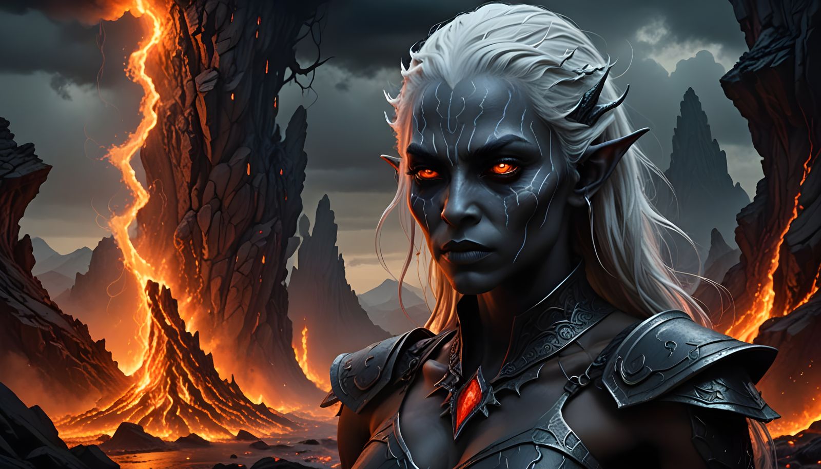 Hyper-Realistic Dark Elf in Lava Landscape, Brutalist Style