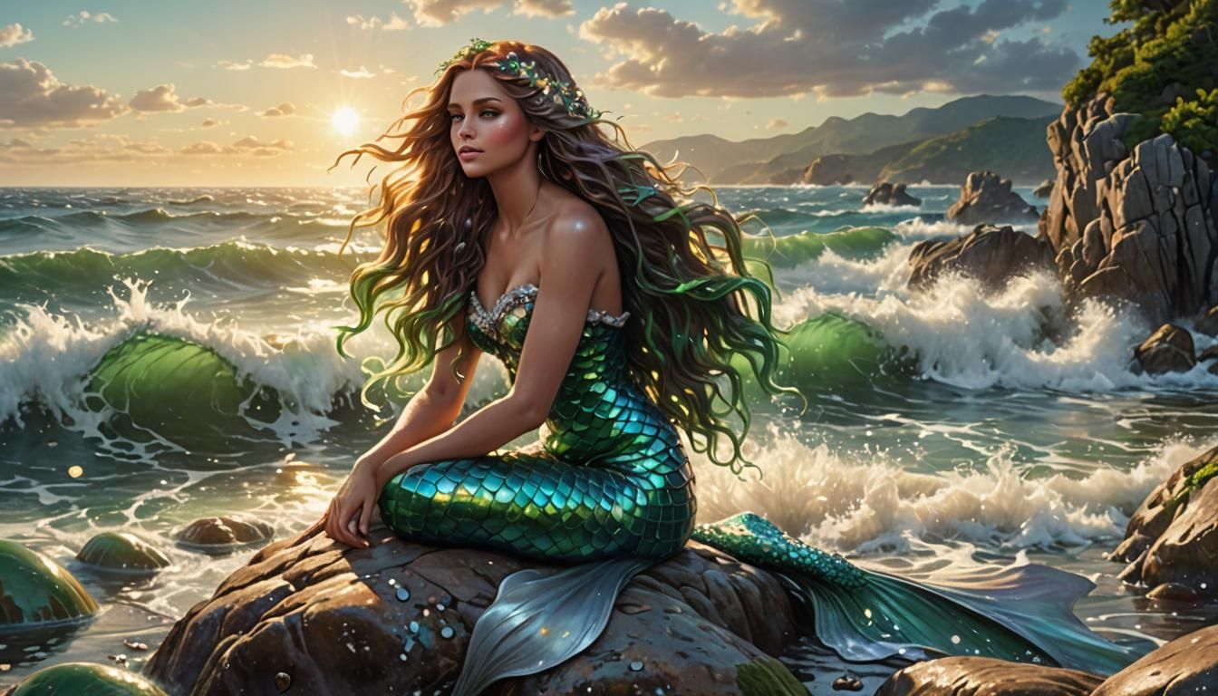 A beautiful mermaid sitting on a large rock with waves splas...