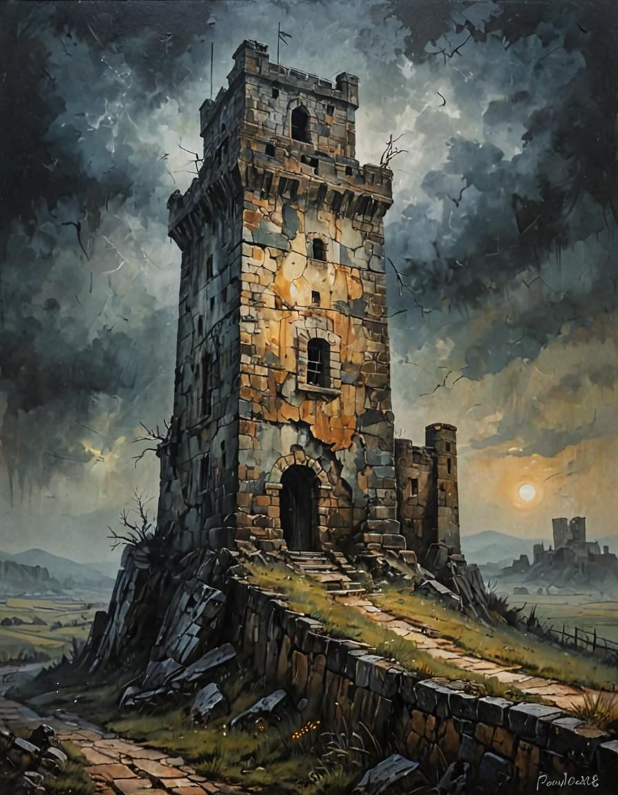 Historic Watchtowers in Dark Fantasy Landscape