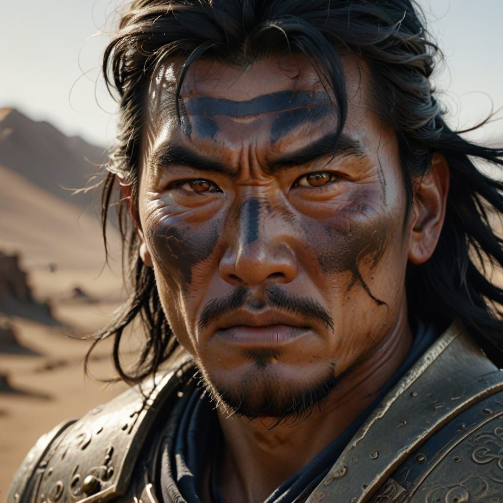 Intense Mongolian Warrior Portrait in Harsh Lighting