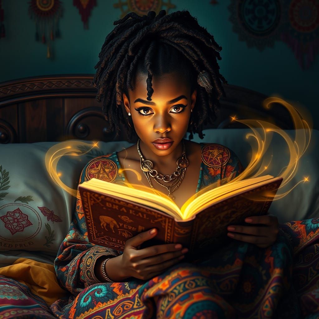 Woman Lost in Enchanted Book, Bohemian Dreamscape