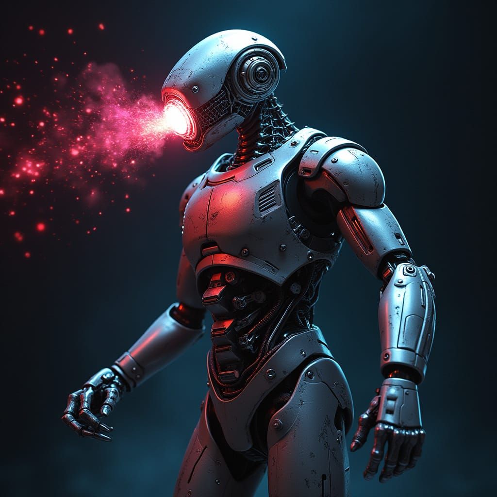 Robotic Figure Flexing in Futuristic Void
