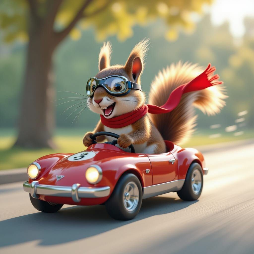 Squirrel Racer in Toy Car, Comic-Book Style