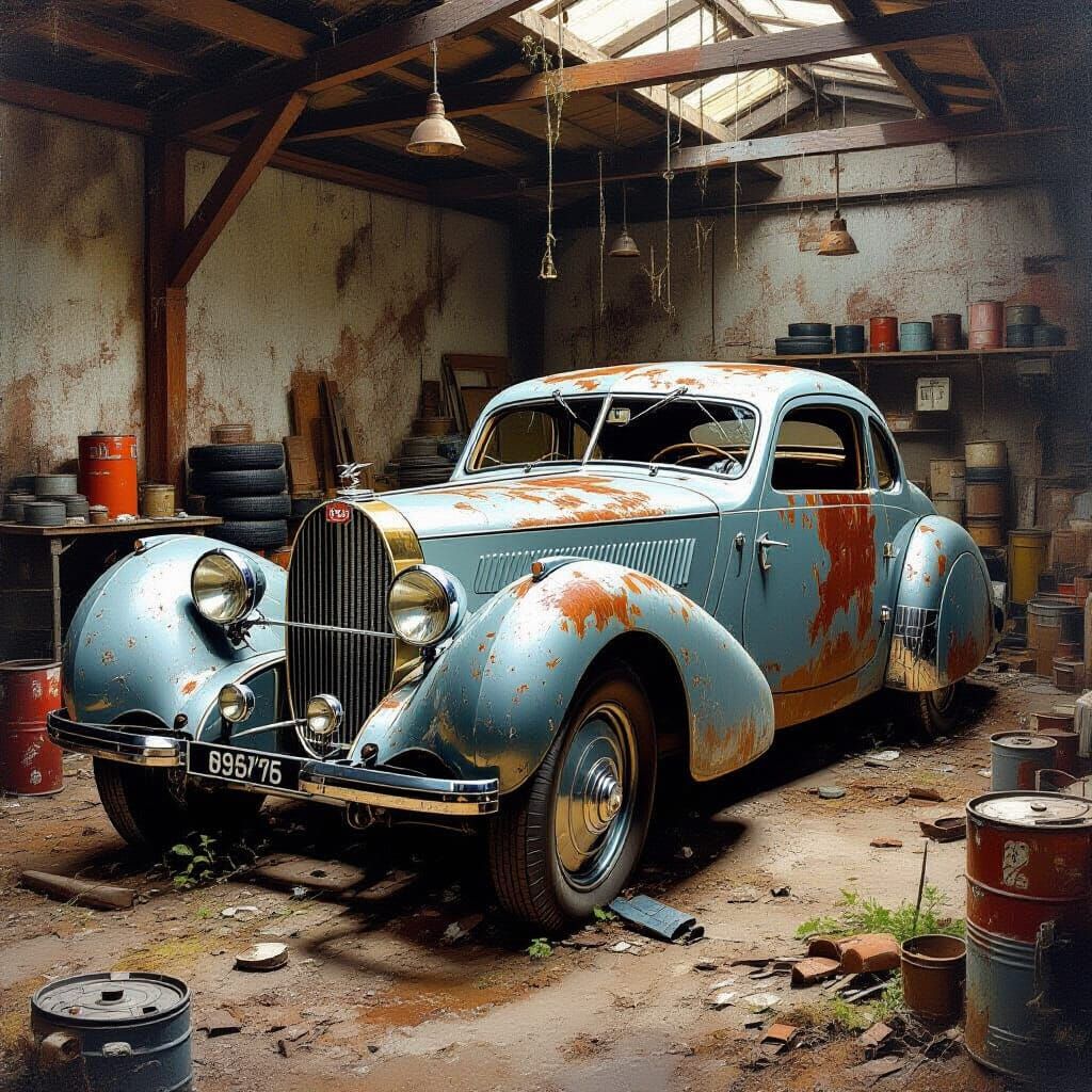 Abandoned 1936 Bugatti Atlantic in Workshop Oil Painting