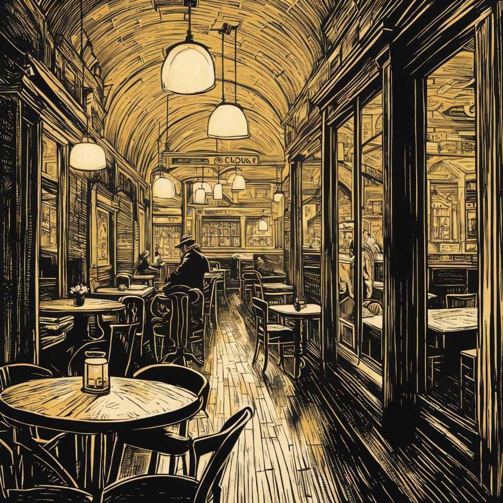 Mysterious Woodcut Scene in Moody Cafe Atmosphere