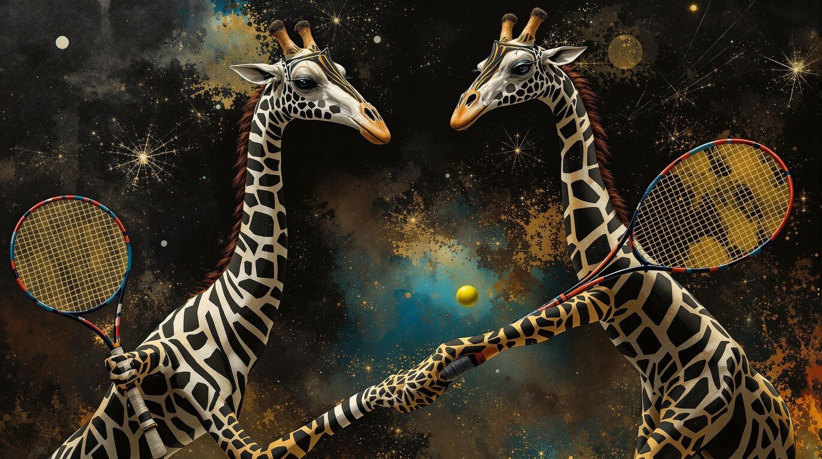 Giraffe Tennis Players in Surreal Art Style