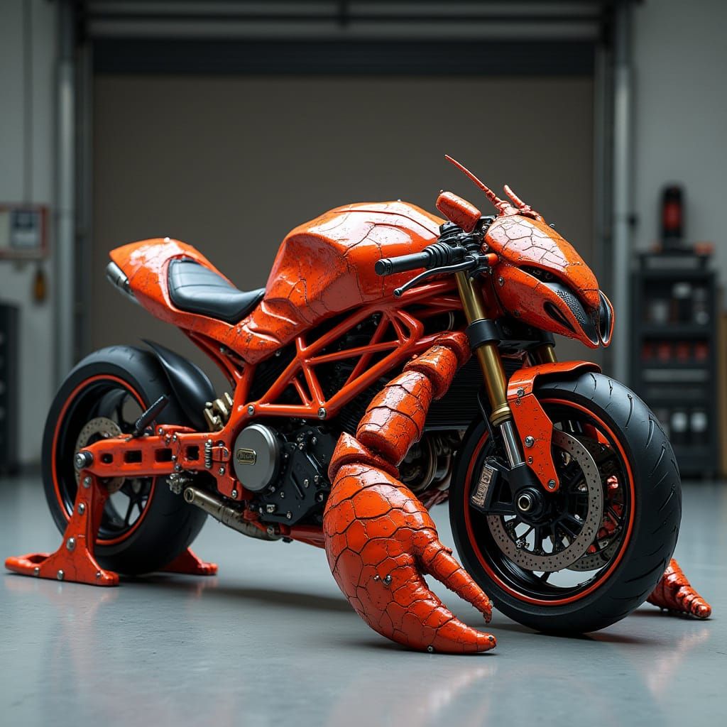 Ducati Monster as Lobster Sculpture in Biomechanical Style