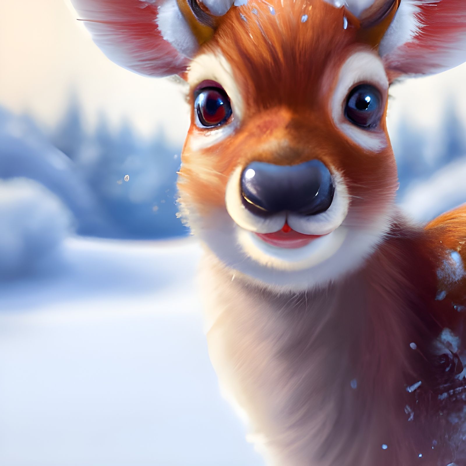 For you! Portrait of cute Rudolph with big shiny eyes looking at you, standing in the winter forest. snow fall soft colo...