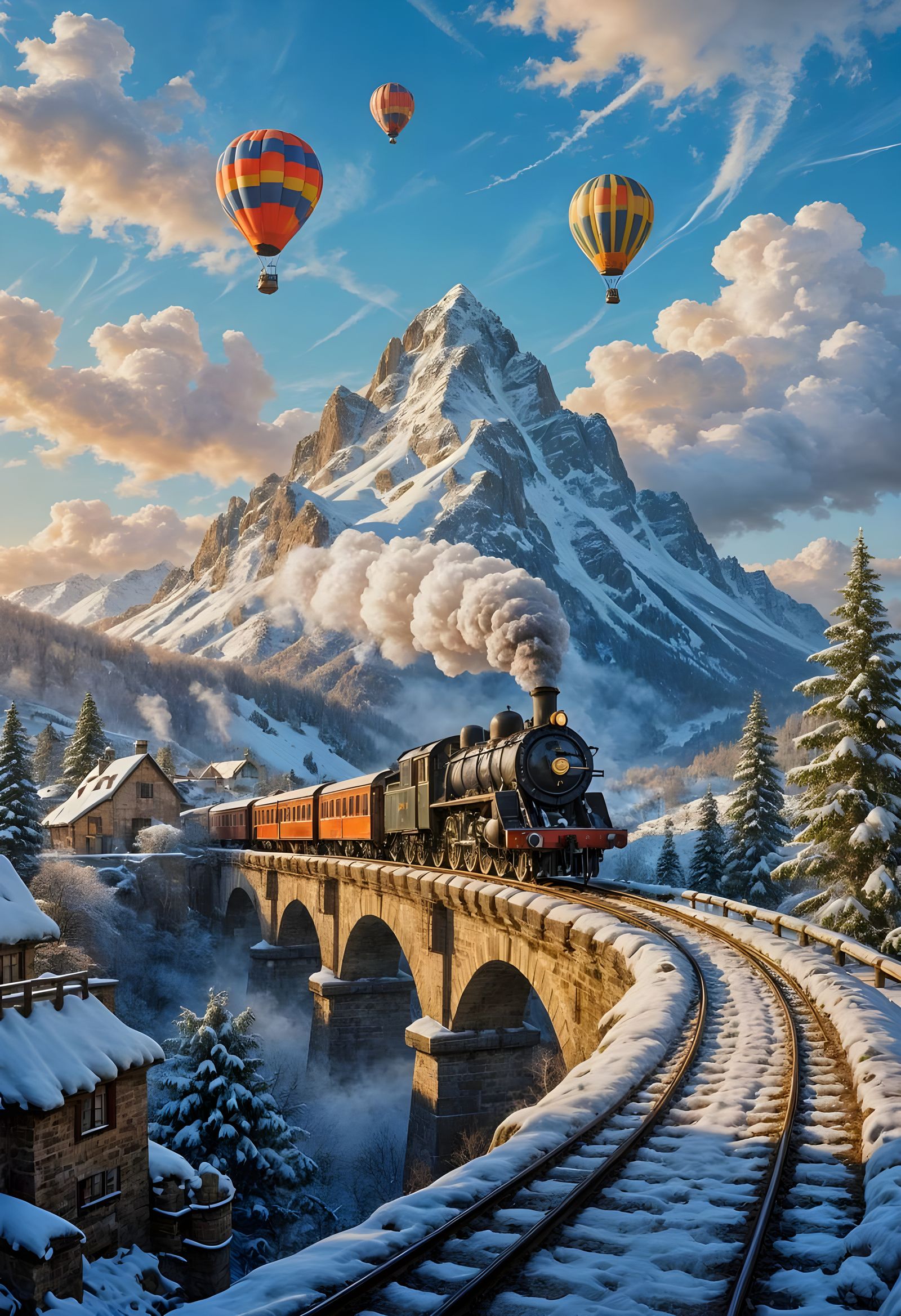 Impasto Oil Painting of a Steam Train in Winter Wonderland