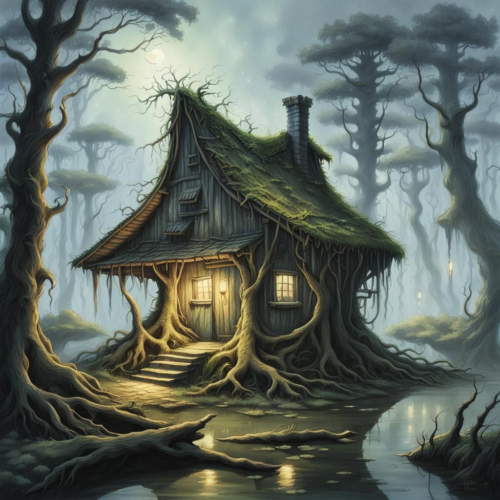 Mystical Hut at Forest's Edge: Fantasy Illustration