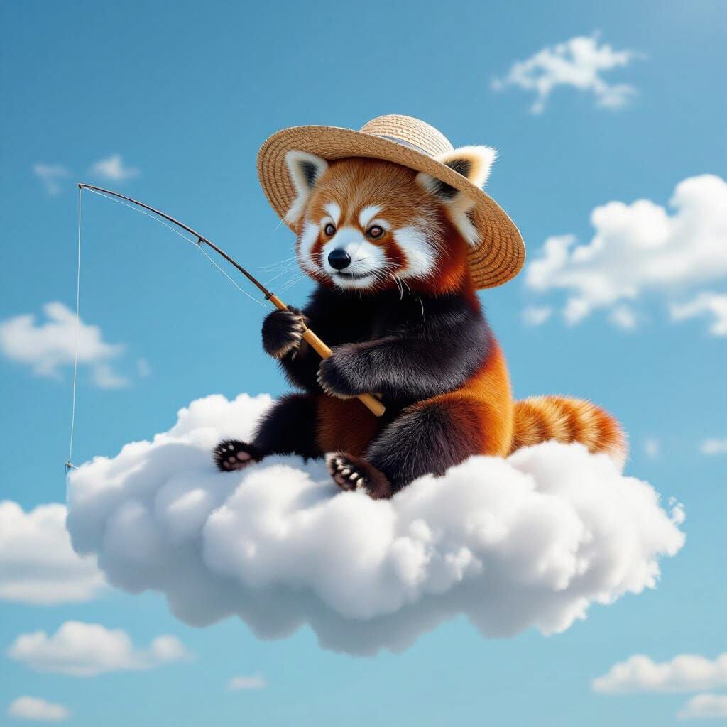 Red Panda Fishing on Cloud in Photorealistic Style