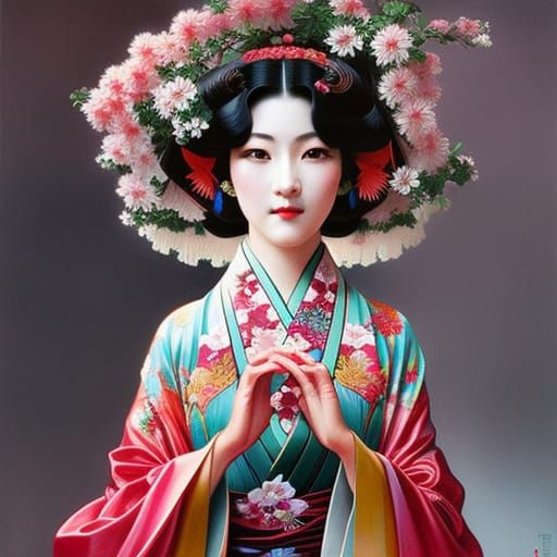 Japanese Woman in Kimono with Cherry Blossoms