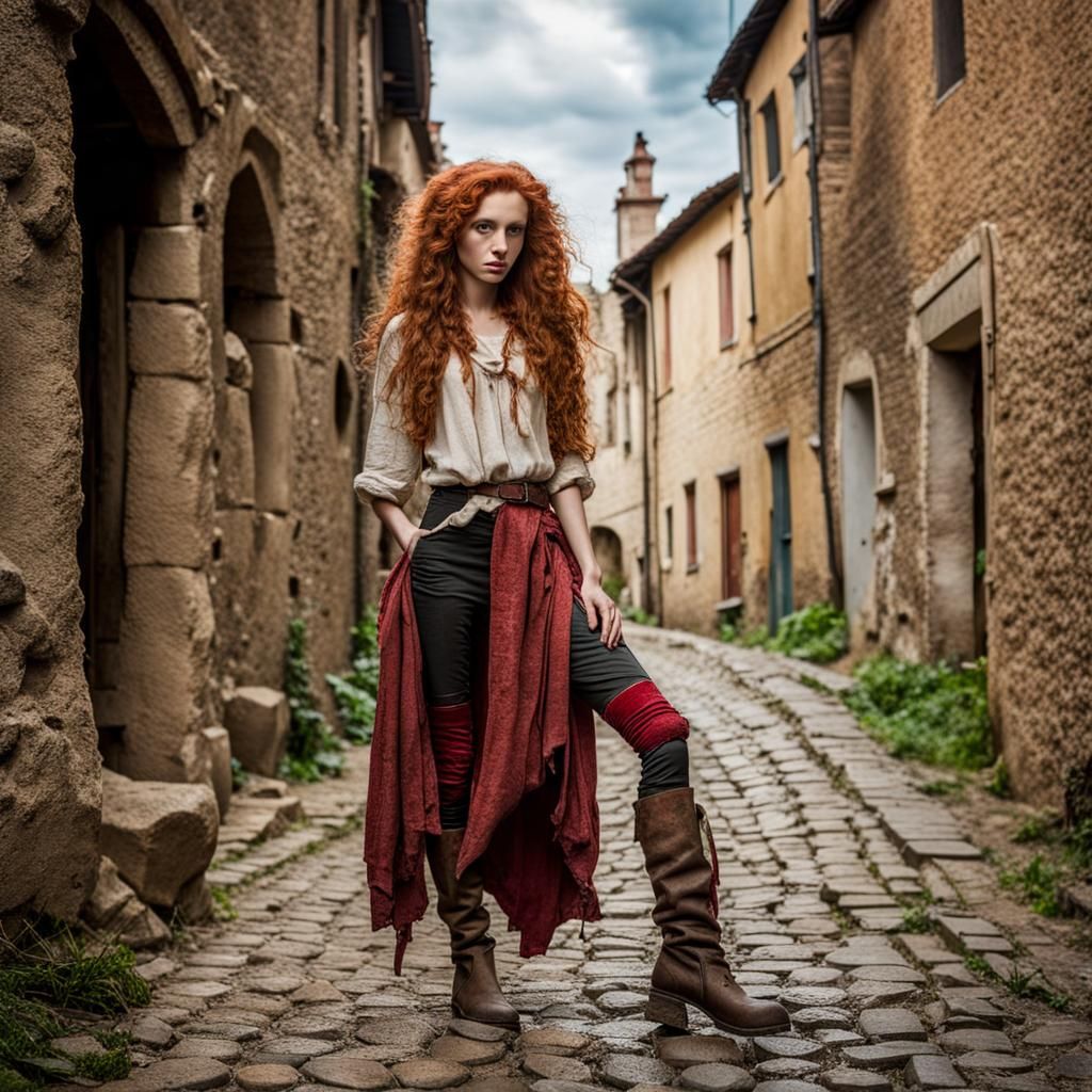 Medieval Waif in Poverty on Cobblestones