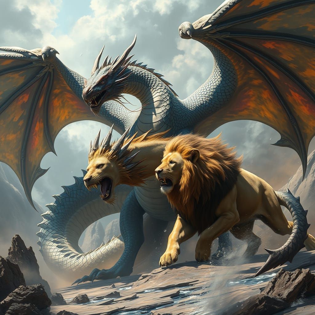 Epic Mythological Clash of Colossal Dragon and Lion