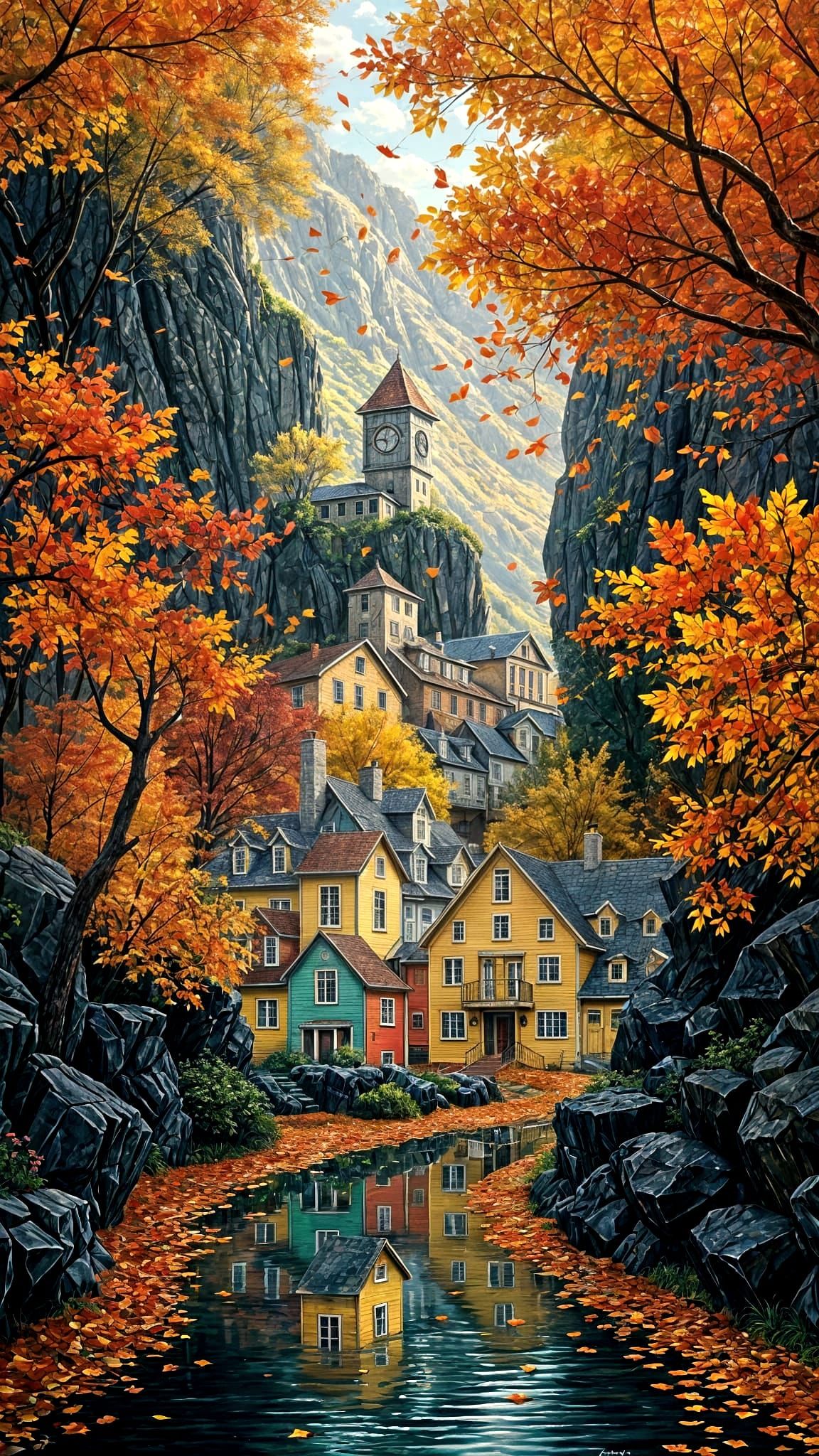 Autumn Valley Watercolor Scene with Vibrant Leaves and Windi...