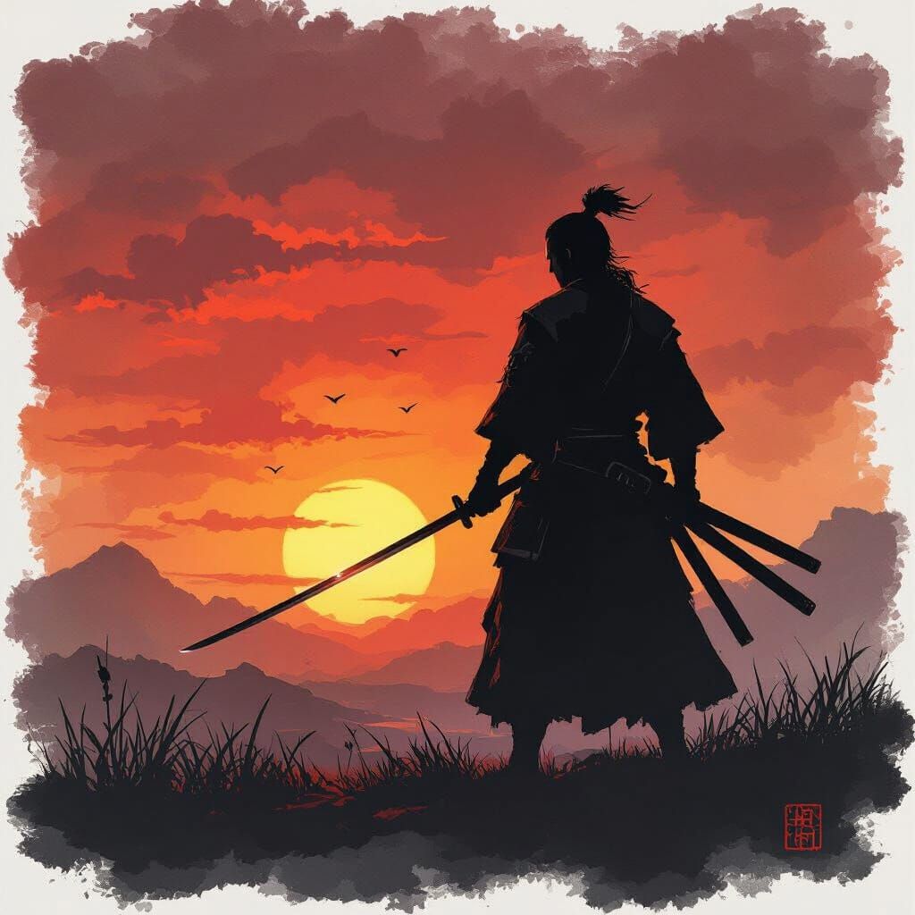 Lone Samurai at Fiery Sunset, Japanese Ink Wash Style