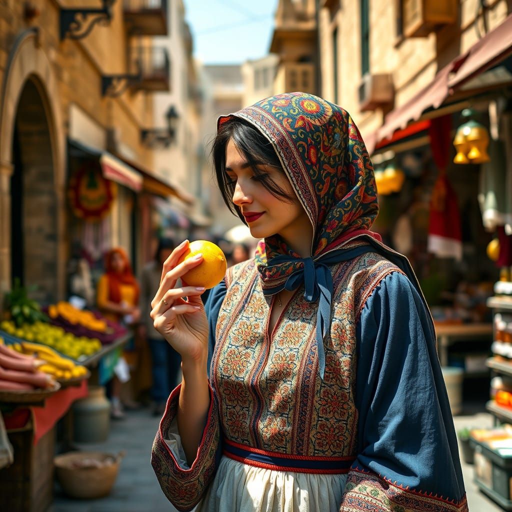 A Lebanese Woman in Impressive Attire Strolls Through a Colo...
