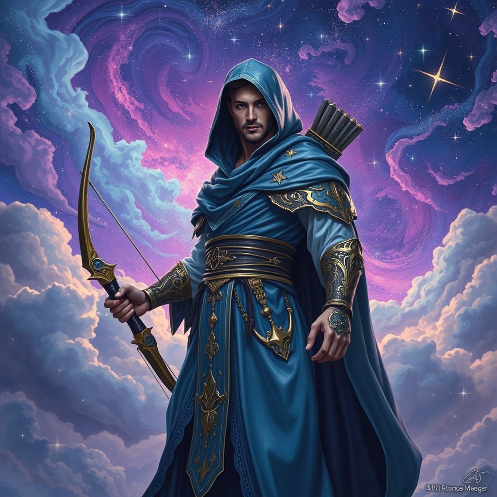 Majestic Archer in Celestial Robes Against Starry Night Sky