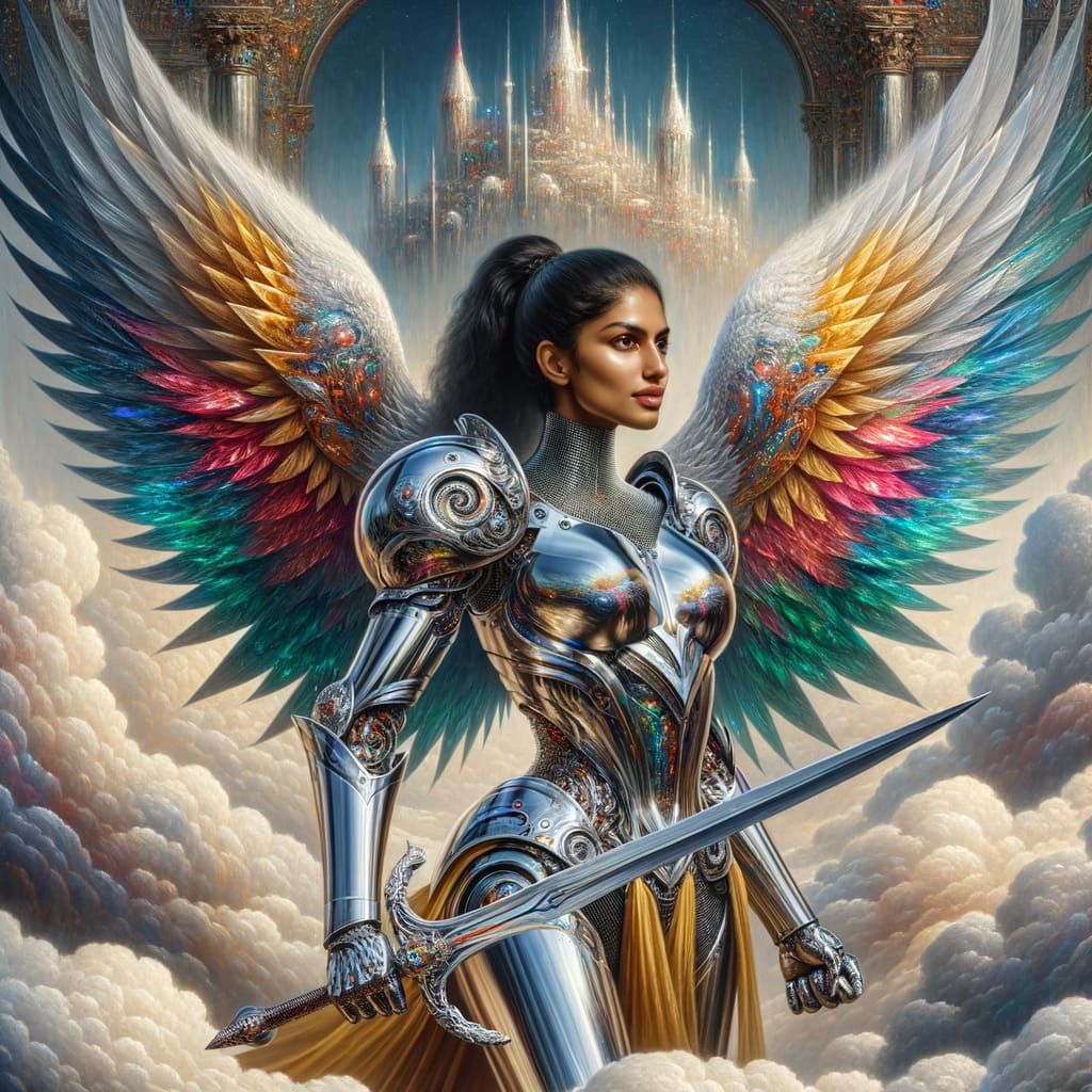 South Asian Warrior Angel in Chrome Armor