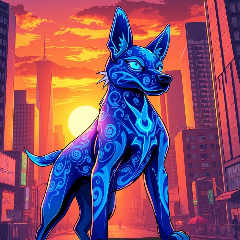 Electric Blue Neon Dog in Anime Cityscape