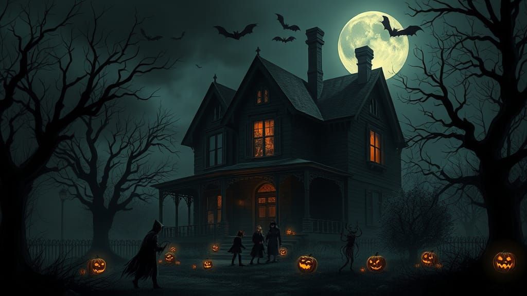 Eerie Halloween Night with Haunted House and Twisted Trees