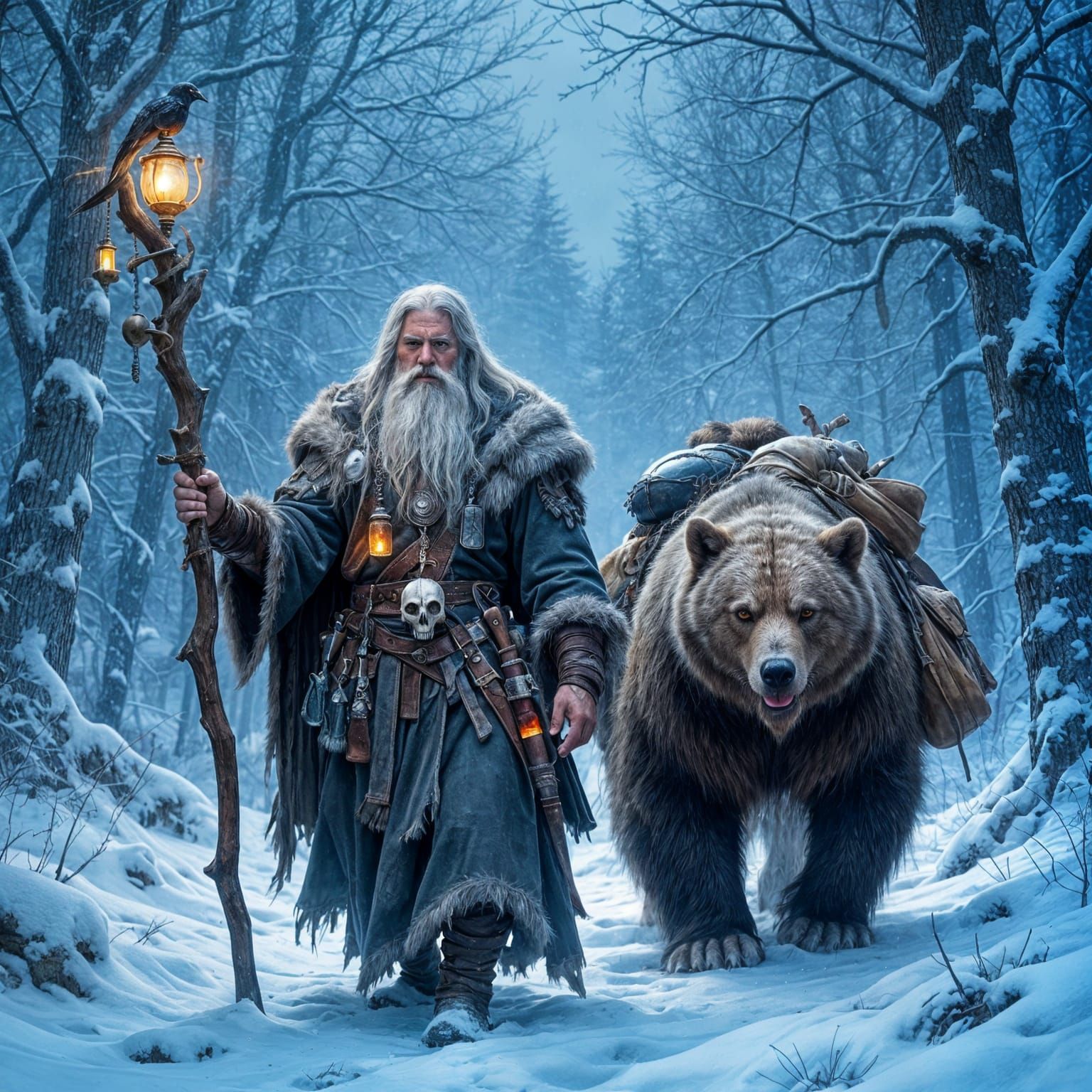Ancient Druid and Bear in Winter Forest Storm