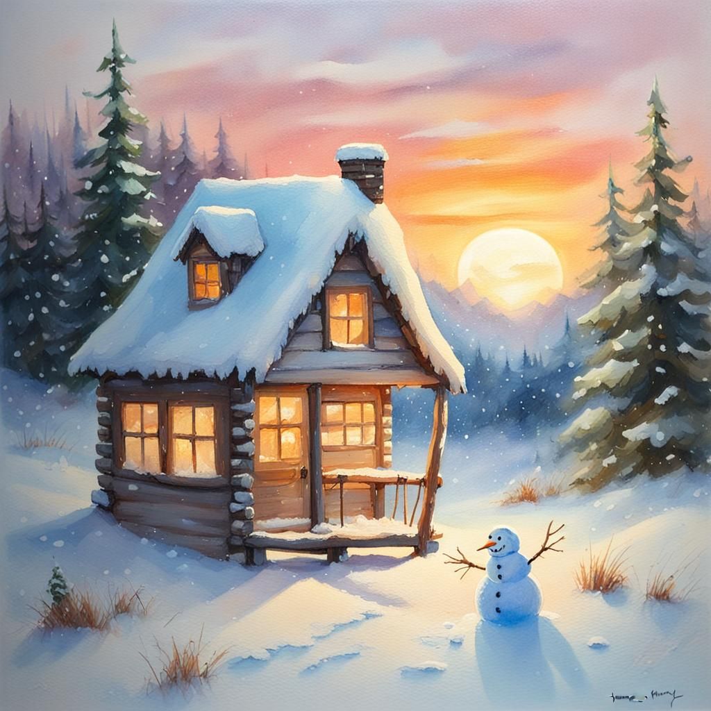 Snow Globe Winter Cabin Sunset Watercolour