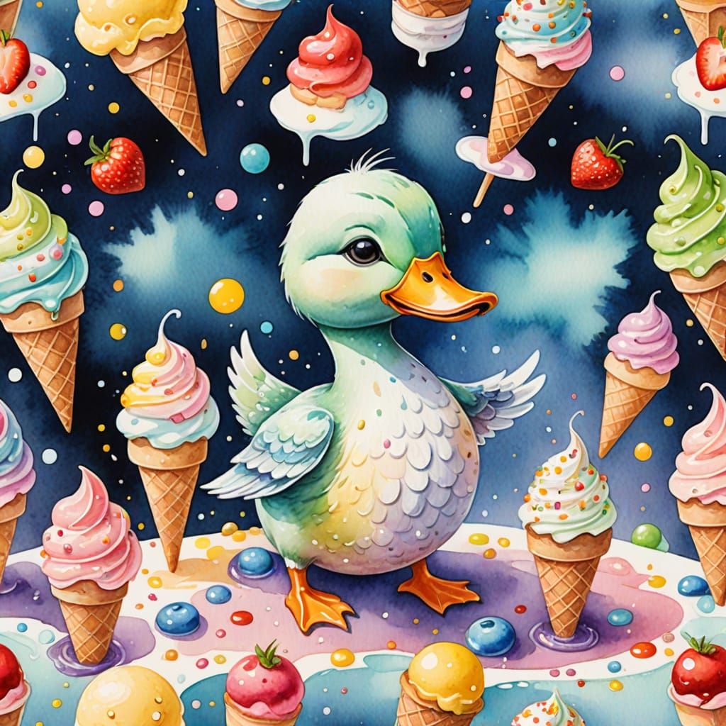 Duck Enjoys Sundae in Watercolor Storybook Style