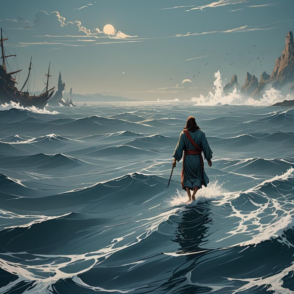 Minimalist Line Art: Jesus Walks on Water