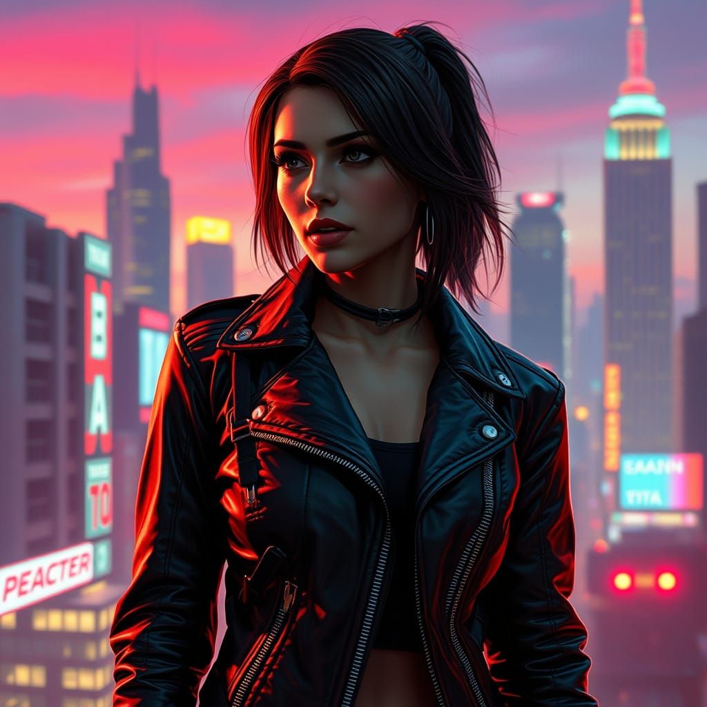 Cyborg Woman in Neon Cityscape at Dusk