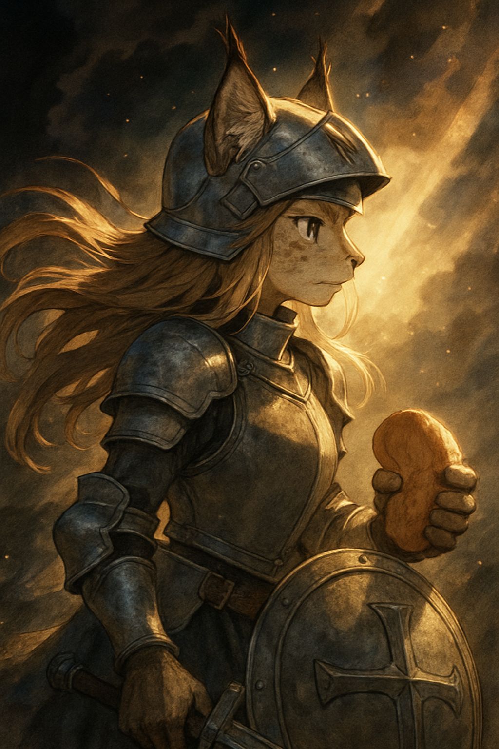 Anthropomorphic Lynx Knight Bracing Shield in the Wind