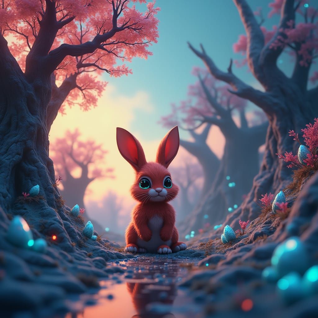 Crimson Rabbit in Surreal Dreamscape, Trending on Artstation