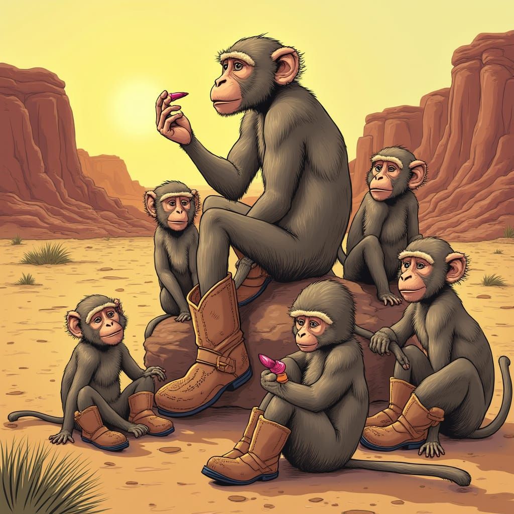 Monkeys Rocking Cowboy Boots in Desert Sunset